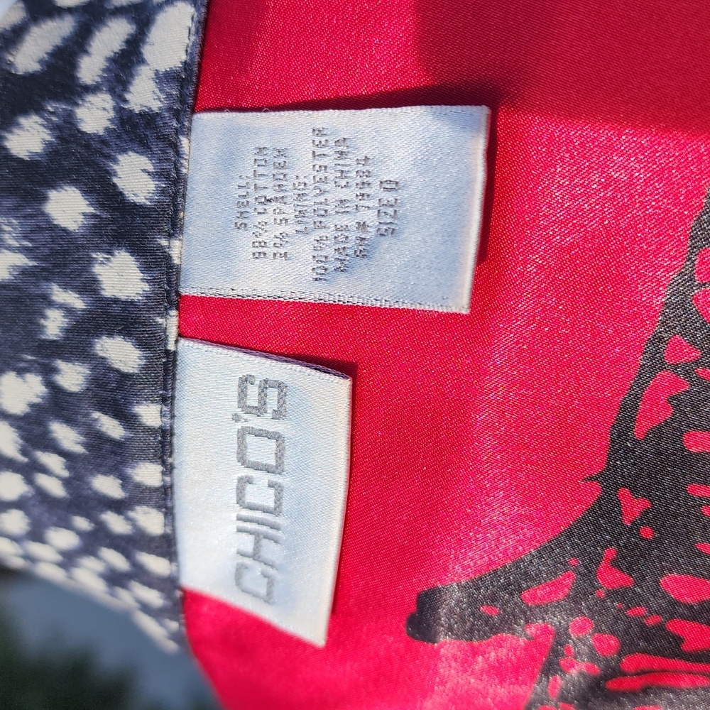 CHICOS Red Owl Lined Moto Jacket 0 Small Wearable Art Statement Zip Work Office - Picture 13 of 16